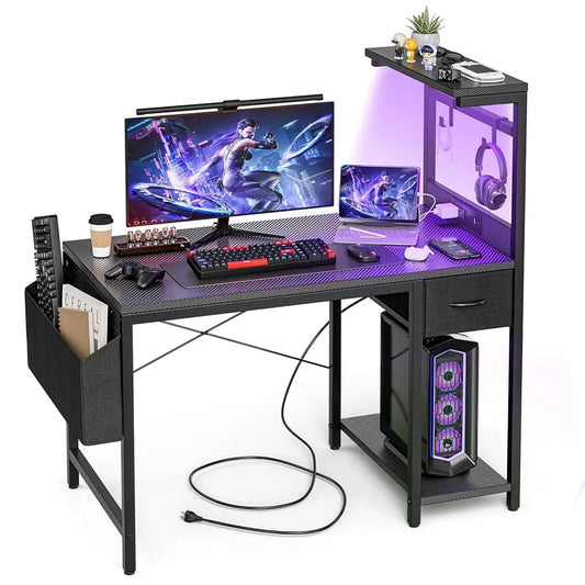 40" Gaming Desk with Power Outlet & LED Lights – Compact Computer Desk with Reversible Shelves & Storage Drawer